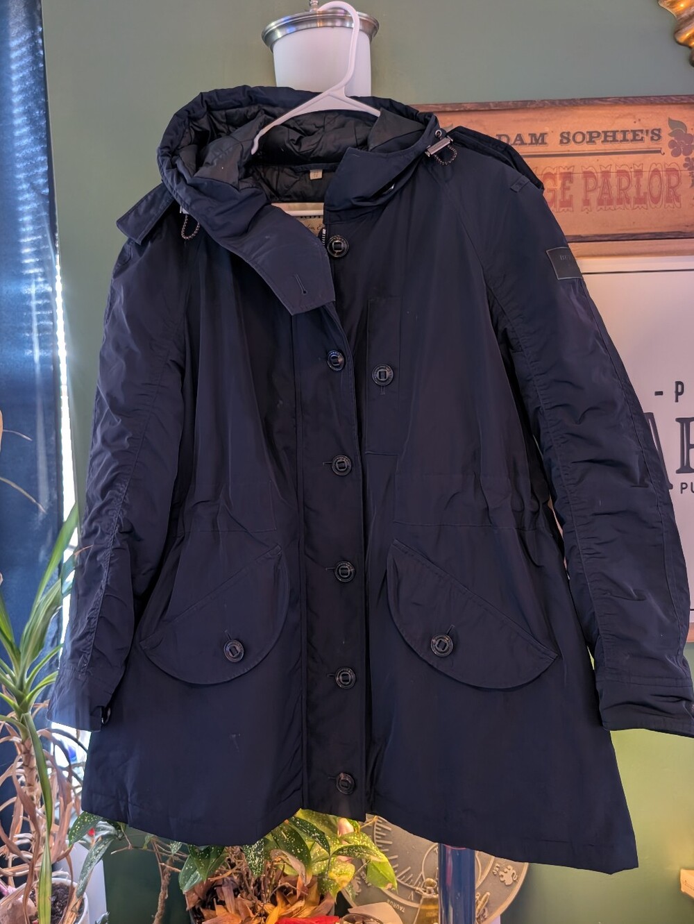 Burberry Blue Women's Coat Rain Parka Jacket Authentic Size 12 Hood Zip Button